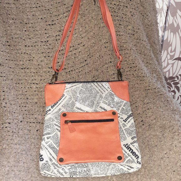 MAURIZIO TAIUTI-ITALY Orange Leather Crossbody-Newspaper Print - Picture 1 of 7